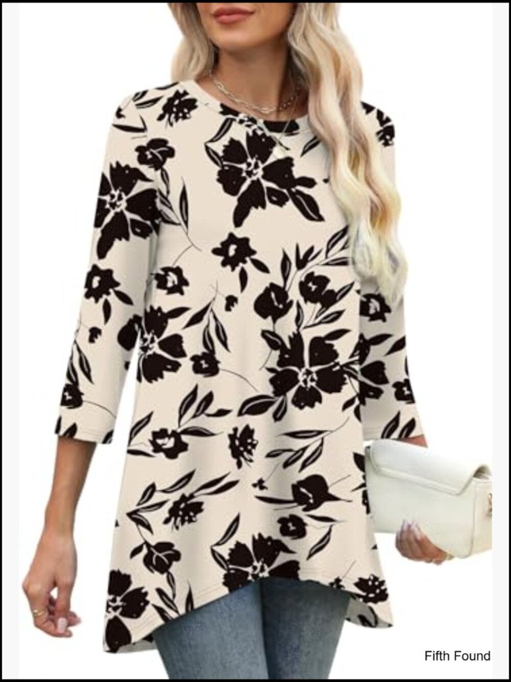 Loose Fit Tunic Top with 3/4 Sleeves Asymmetrical Hem Flowy Dressy Blouse S-4XL - Picture 4 of 7